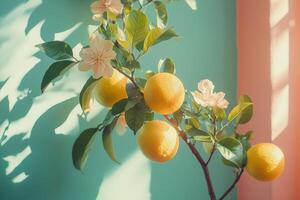 Citrus tree with ripe fruit and blossoms in sunlight photo