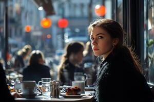 Young woman sitting at a cafe looking at the camera photo