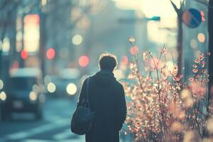 Person walking down a city street bathed in warm sunlight Blooming branches line the path photo