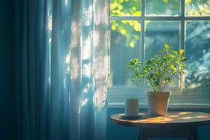 Sunlit morning scene with sheer curtains potted plant and coffee cup on a side table photo