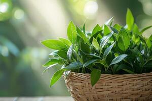 Fresh green leaves in a wicker basket bathed in sunlight photo