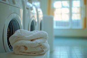 Fresh towels near washing machines in a bright laundry room photo