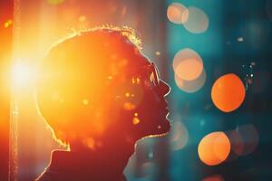 Silhouette of a person backlit by a bright sun looking towards the city lights photo