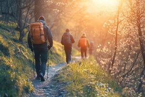 Hikers on a scenic trail at morning enjoying nature's beauty photo