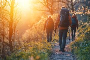 Hikers on a scenic trail at sunset photo