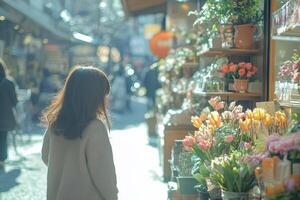 Woman admiring flowers at a street market Sunlight illuminates the scene creating a warm and inviting atmosphere photo