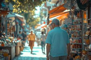 Elderly man strolling through a vibrant marketplace surrounded by bustling shops and people photo