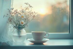 Mañana serenidad, un taza de té y flores silvestres por un iluminado por el sol ventana foto