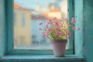 Pink flowers in pot on a rainy windowsill photo