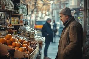 Man browsing fresh produce at an outdoor market stall photo