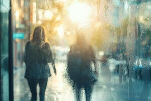 Silhouetted figures walking past a rain streaked window city lights blurred in the background photo