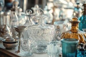 Crystal and glass decanters and glassware on display photo
