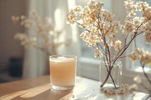 Creamy beverage and delicate blossoms bathed in sunlight on a wooden table photo