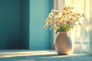 Sunlit daisies in a vase by a window Peaceful and serene photo