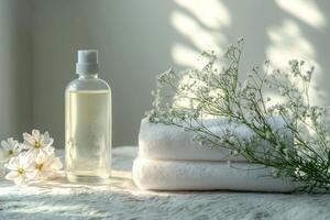Spa setting with towels flowers and lotion photo