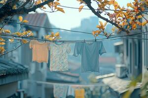 Clothes hanging on a clothesline outdoors drying in the sun photo
