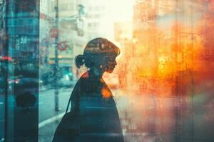 Silhouette of a woman seen through a textured glass window reflecting a city street photo