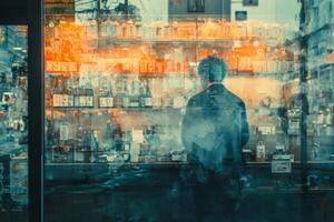 Person gazing at a store window display filled with various bottles and products photo