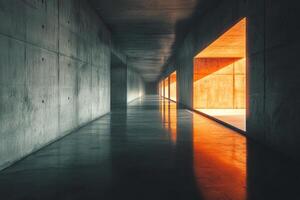 Modern concrete hallway with warm light illuminating side rooms photo