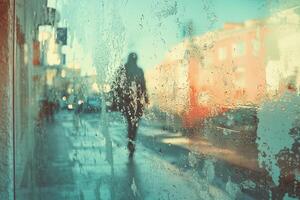Blurred city scene viewed through a frosty window photo