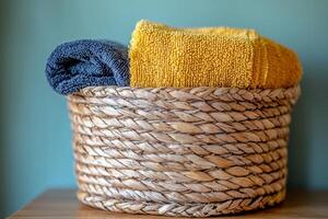 Rolled towels in a woven basket A simple organized bathroom storage solution photo