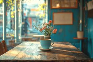 Coffee and flowers in a sunlit cafe A peaceful moment photo