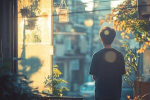 Man silhouetted in golden hour light looking out a window at a city street photo