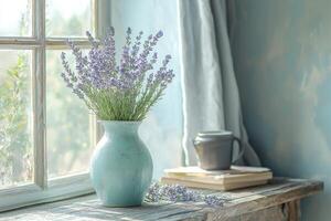 Lavender bouquet in a teal vase on a rustic windowsill photo