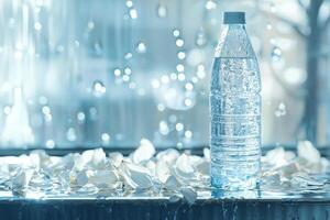 Refreshing water bottle amidst water droplets and petals photo
