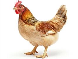 A chicken is standing in front of a white background photo