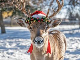 a deer wearing a santa hat in the snow photo
