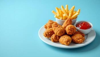 Fried chicken nuggets and french fries on a plate on a blue background photo
