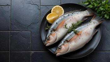 Two fresh fish on a plate with lemon slices photo