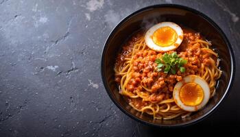 Spaghetti with meatballs and eggs in a bowl on a dark background photo