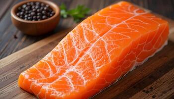 Salmon on wooden cutting board with herbs photo