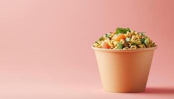 Noodle with vegetable on blank compostable paper cup mockup for delivery packaging on solid background photo