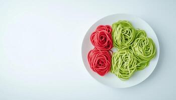 Gluten free noodle pasta green from spinach and red beet flour vegetable on plate for healthy food photo