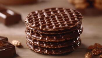 Chocolate rounded waffle stack covered by cocoa cream for sweet snack photo
