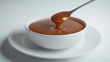 Caramel cream sauce for topping sweet snack on white mug and spoon photo