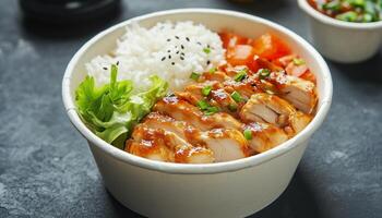 Rice, chicken katsu and vegetable on brown paper bowl for simple lunch photo