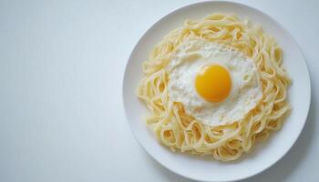 Noodle original and egg yolk preparing cook on white plate for simple breakfast photo