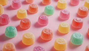 Gummy candy pattern diagonal seamless colorful fruity sweet snack flavor on pink background photo