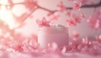 Cherry blossom cream mask on jar container with flowers decoration and pink background photo