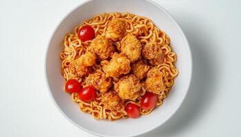 Chicken fried, tomato and noodle on ceramic bowl for lunch photo