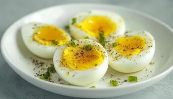 Egg boiled slice with sprinkle of spices simple cooking on white plate for breakfast photo