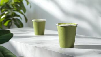 Green matcha latte on blank paper cup mockup healthy drink photo