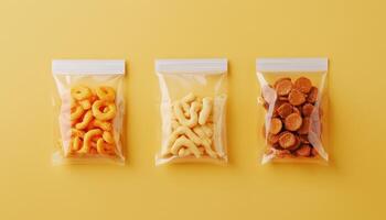 Snack pack matt transparent plastic salty crunchy for relax time yellow background photo