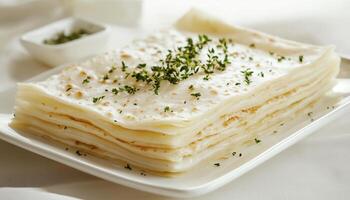 Flat bread crispy crunchy biscuit stack for salty snack food on plate photo