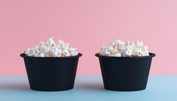 Compostable popcorn on black paper cup snack container food on pink background photo