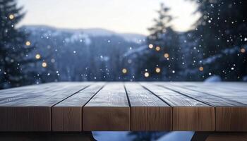 Wooden table counter product display and winter snow forest background photo